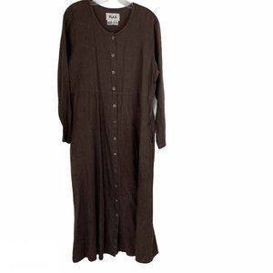 Flax Brown Button Up Linen Lagenlook Maxi Dress S